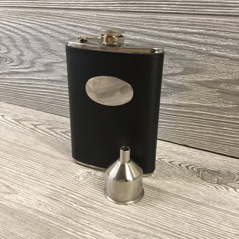 Black Leather Flask with Silver Engraved Plate