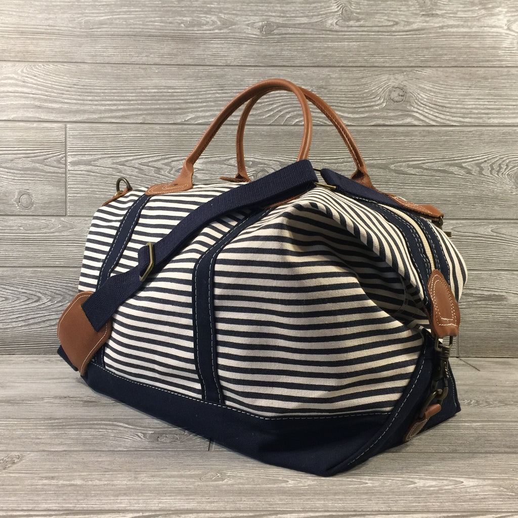 Weekender Navy Striped Canvas Bag, Navy Trim and Leather Handles