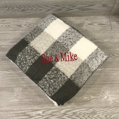 Blanket, Plaid Mohair Throw with Sherpa Lining, Gray and Cream Plaid