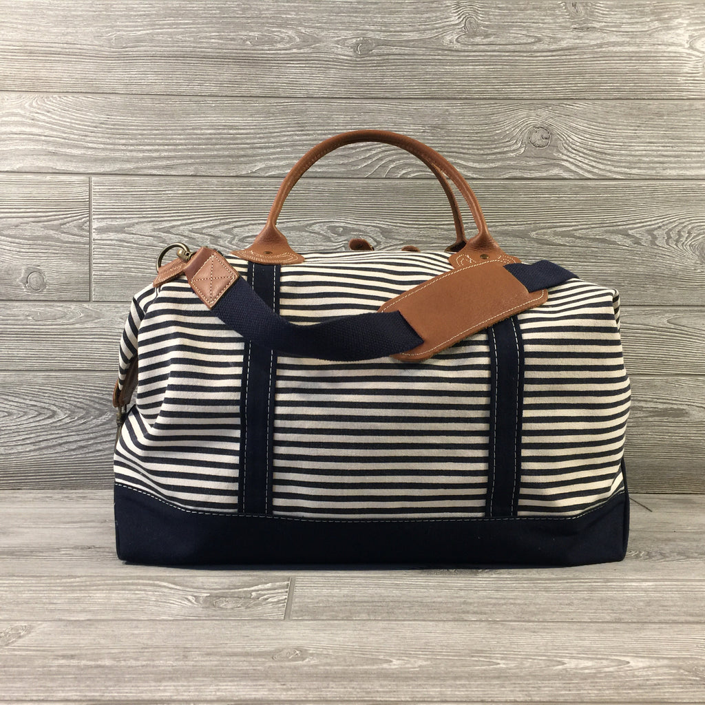 Weekender Navy Striped Canvas Bag, Navy Trim and Leather Handles