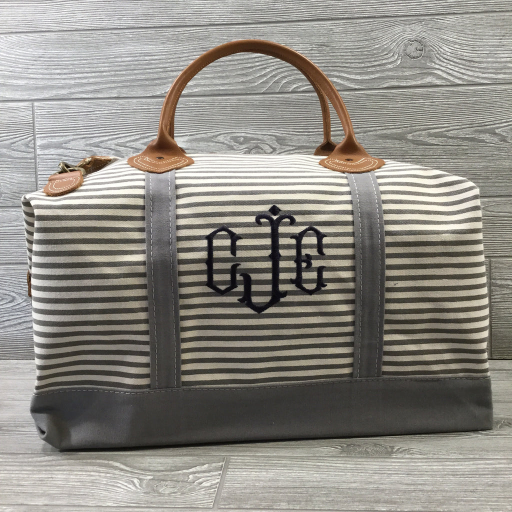 Weekender Gray Striped Canvas Bag, Gray Trim and Leather Handles