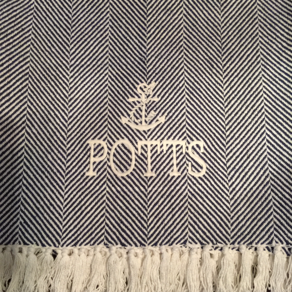 Blanket, Cotton Throw, Navy and Cream Herringbone with Fringe