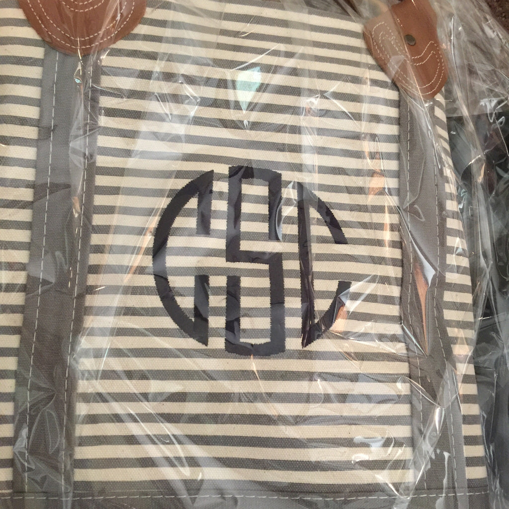 Weekender Navy Striped Canvas Bag, Navy Trim and Leather Handles