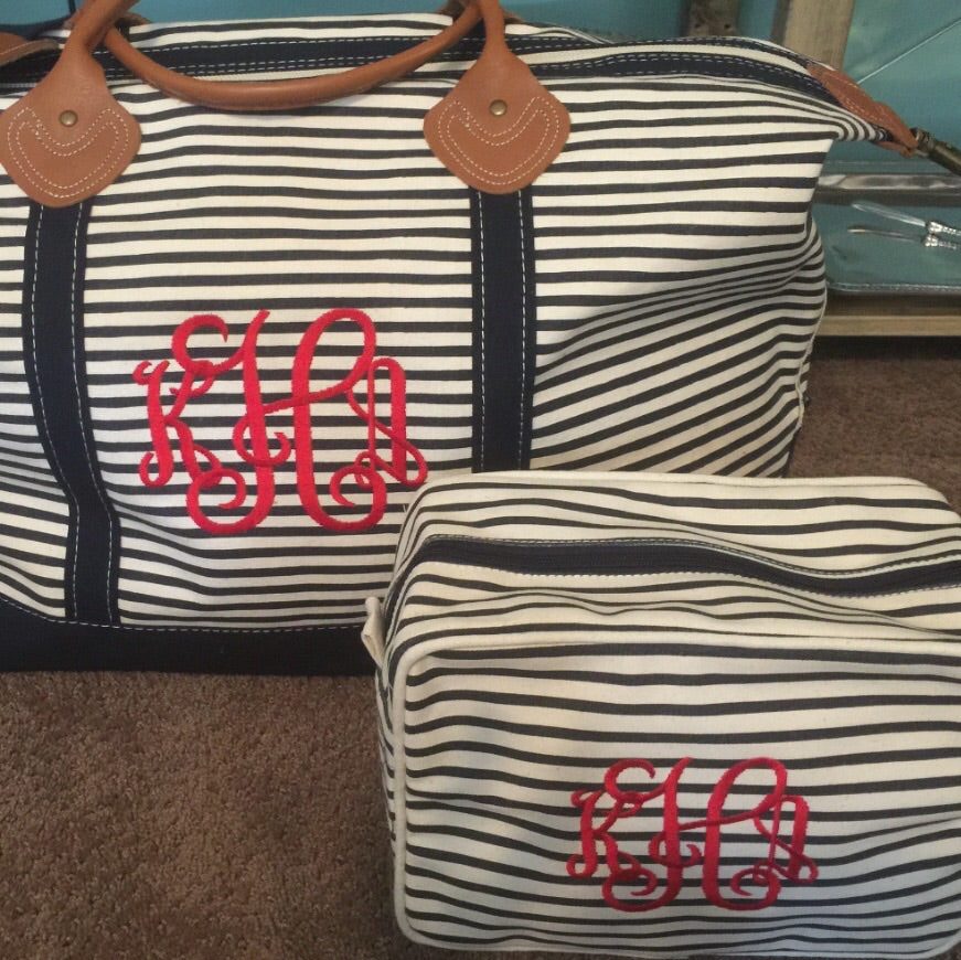 Weekender Navy Striped Canvas Bag, Navy Trim and Leather Handles