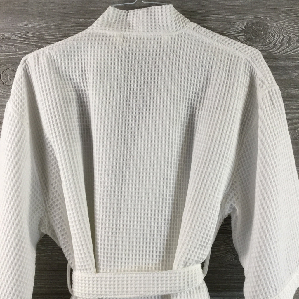 Robe, Short Kimono Style Waffle Texture, White Polyester and Cotton