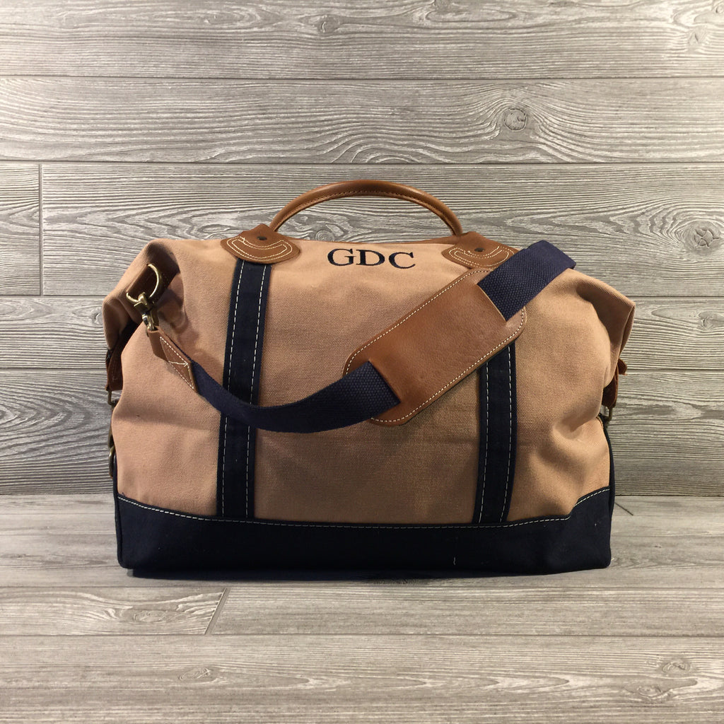 Weekender Tan Canvas Bag, Navy Trim and Leather Handles