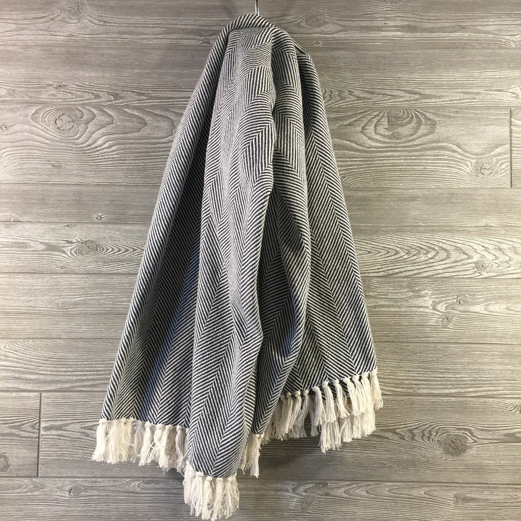 Blanket, Cotton Throw, Navy and Cream Herringbone with Fringe