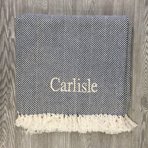 Blanket, Cotton Throw, Navy and Cream Herringbone with Fringe