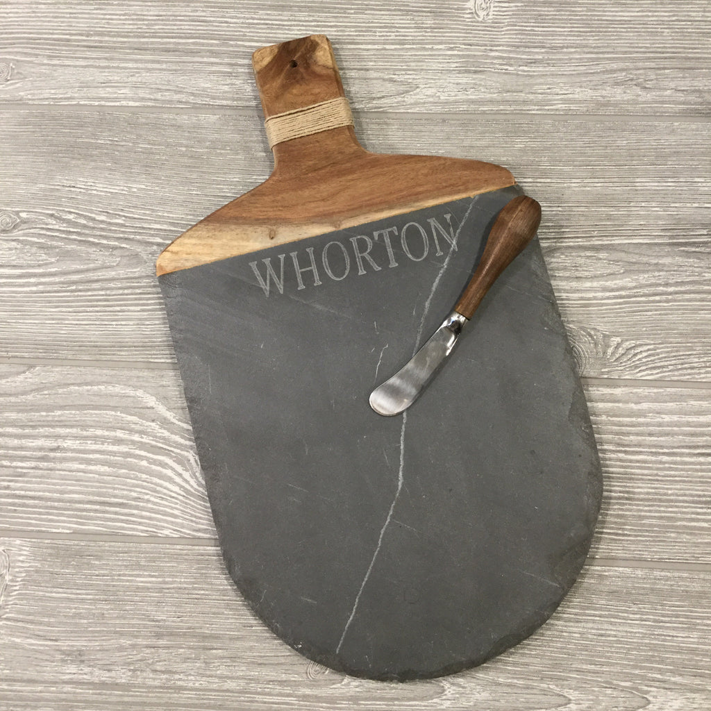 Slate and Wood Cheeseboard Engraved With Spreader