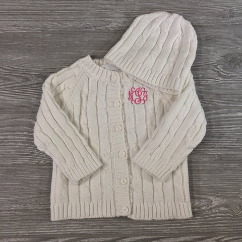 Kids and Babies, Cable-Knit Sweater and Matching Hat, White