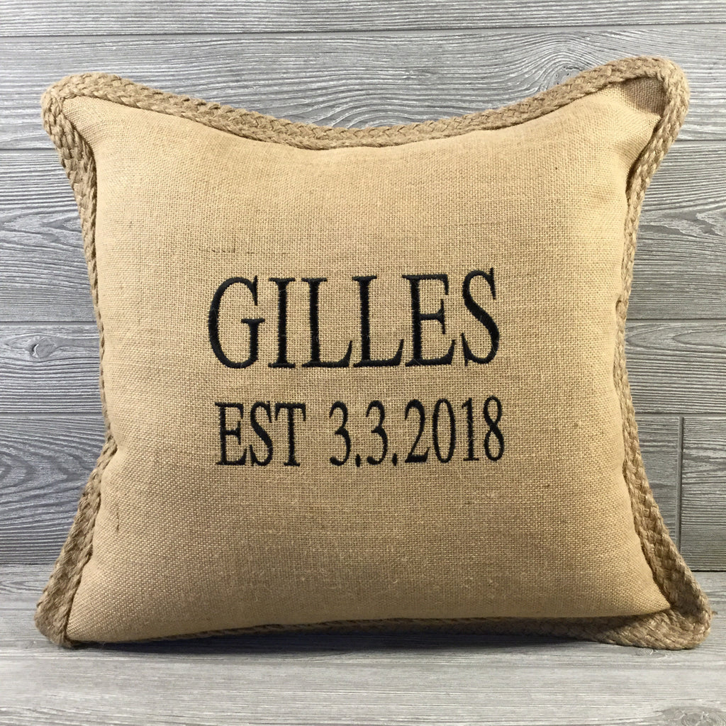 Burlap Custom Pillow with Braided Trim