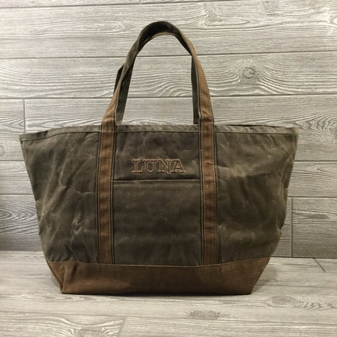 Distressed Waxed Canvas Boat Tote, Olive with Brown Trim