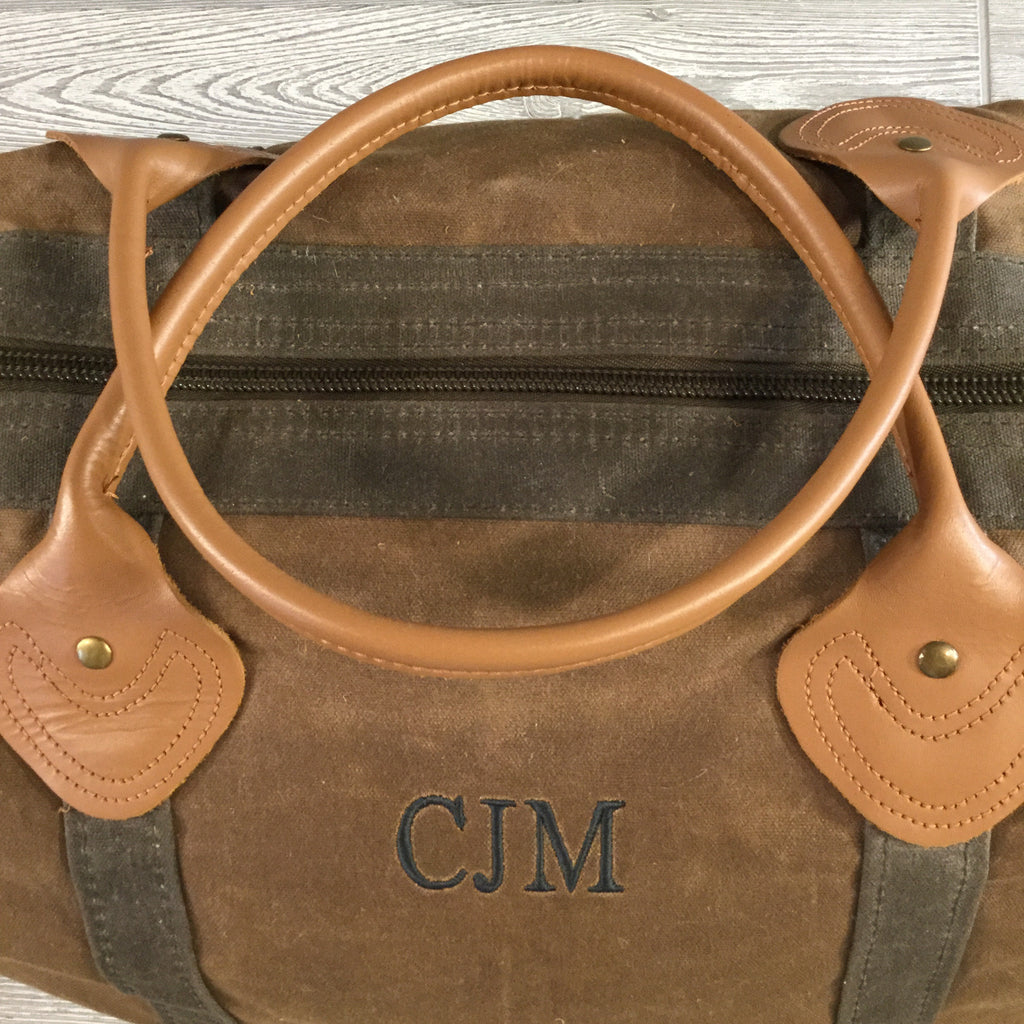 Distressed Waxed Canvas Weekender, Brown with Olive Green Trim and Tan Leather Handles