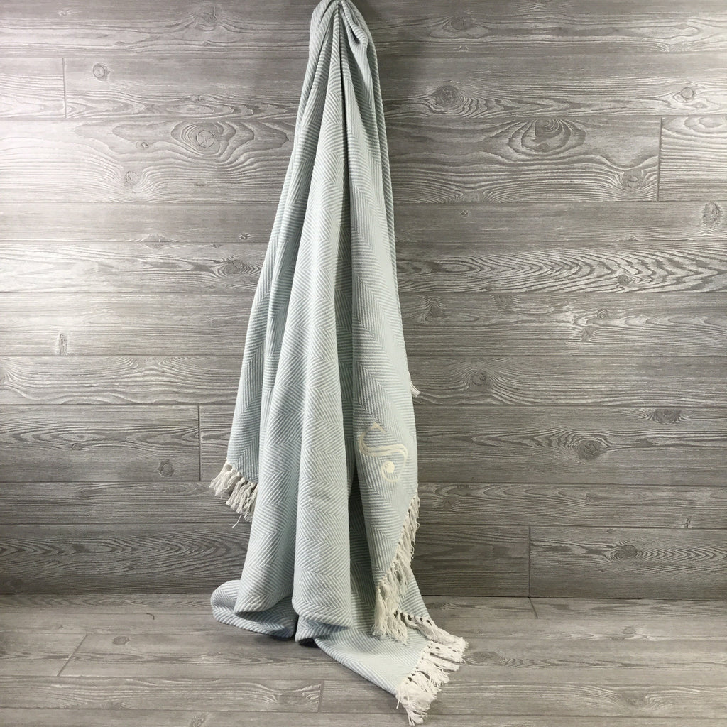 Blanket, Cotton Throw, Sea Glass and Cream Herringbone with Fringe