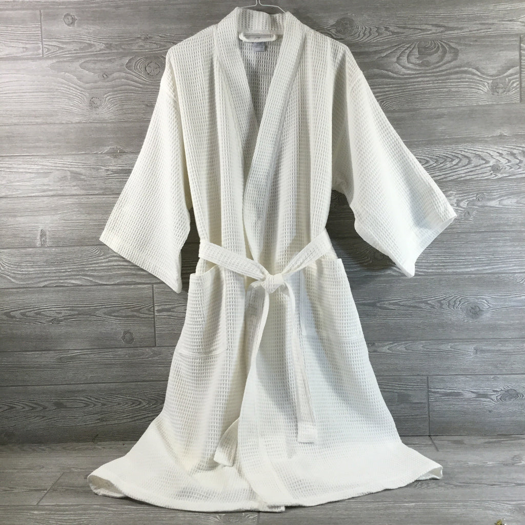 Robe, Long Kimono Style Waffle Texture, White Polyester and Cotton