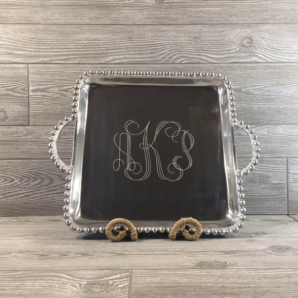 Decorative, Beaded Silver Platter with Handles, Square