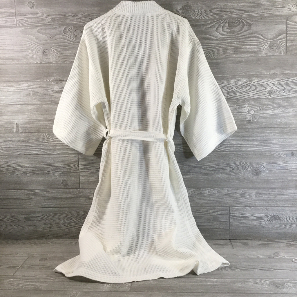 Robe, Long Kimono Style Waffle Texture, White Polyester and Cotton