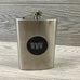 Engraved Stainless Steel Silver Flask with Black Or Aqua Blue Medallion & Funnel