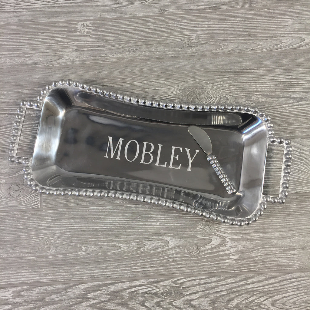 Beaded Silver Bread Tray with Handles and Spreader