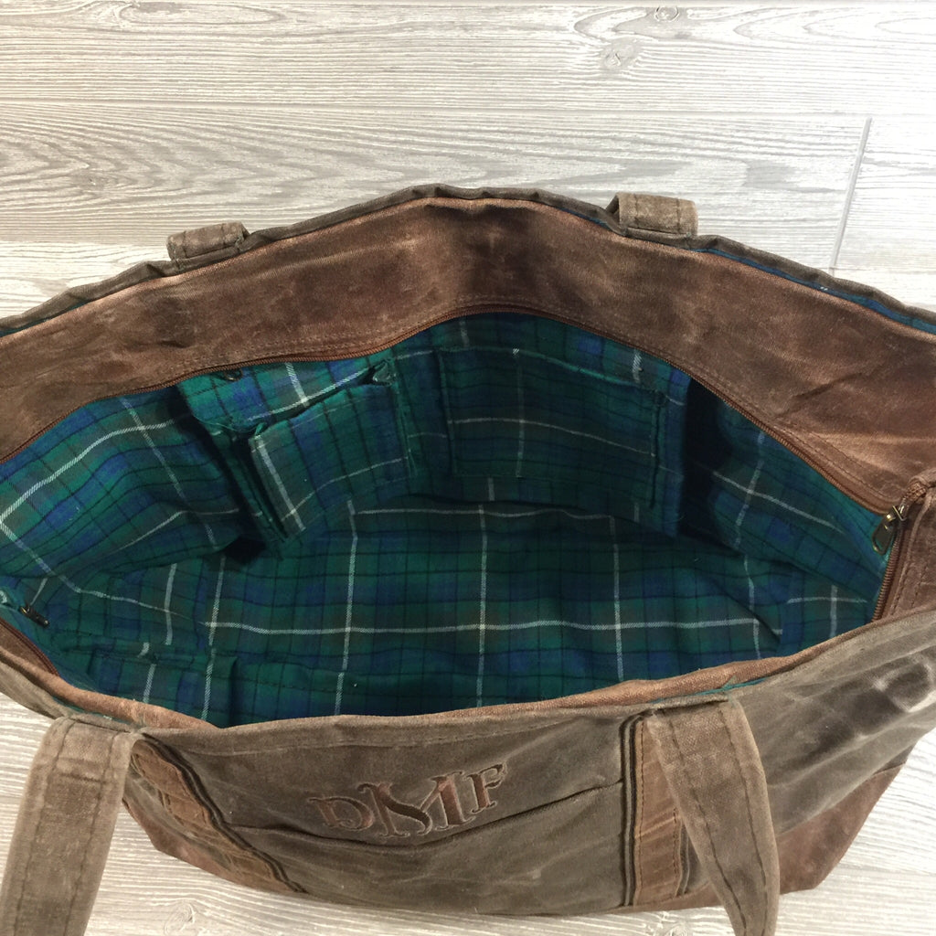 Distressed Waxed Canvas Boat Tote, Olive with Brown Trim