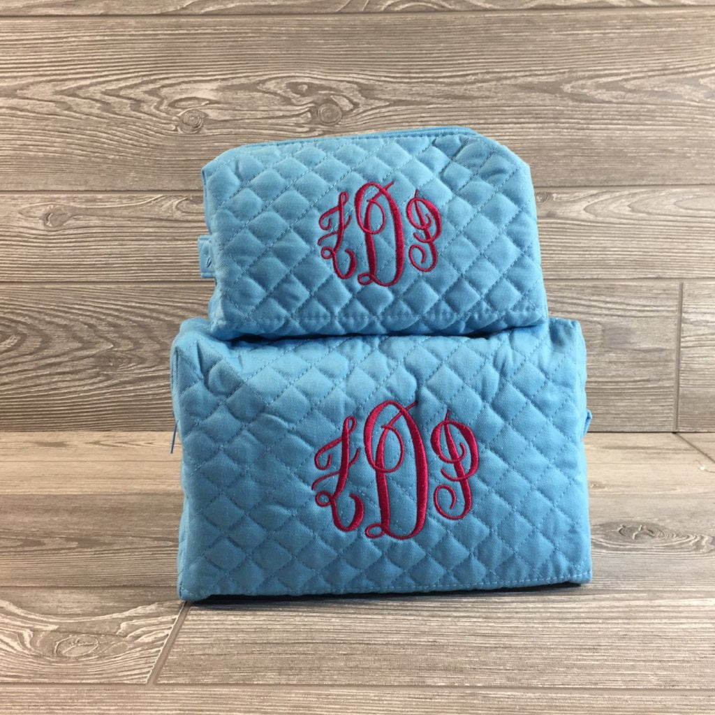 Makeup Bag, Large and Small Quilted Set, Light Aqua Blue