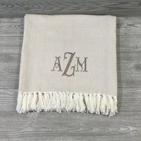 Blanket, Cotton Throw, Tan and Cream Herringbone with Fringe