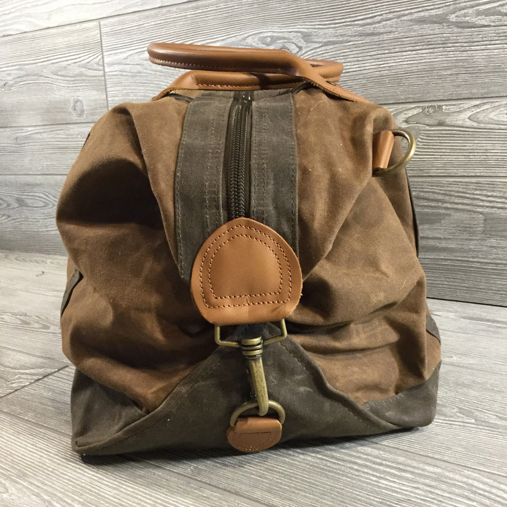Distressed Waxed Canvas Weekender, Brown with Olive Green Trim and Tan Leather Handles