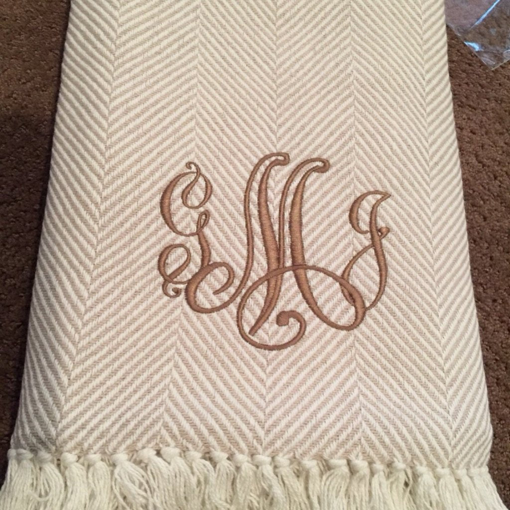 Blanket, Cotton Throw, Tan and Cream Herringbone with Fringe