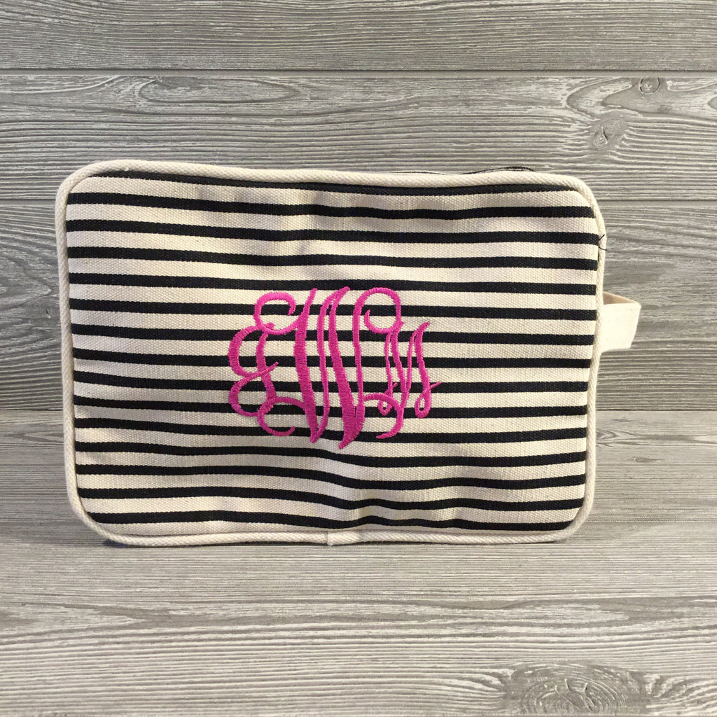 Makeup Bag, Canvas with Navy Pinstripe Pattern