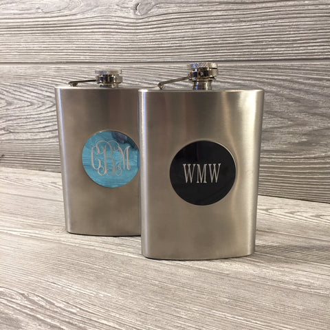 Engraved Stainless Steel Silver Flask with Black Or Aqua Blue Medallion & Funnel