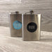 Engraved Stainless Steel Silver Flask with Black Or Aqua Blue Medallion & Funnel