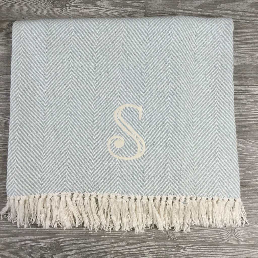 Blanket, Cotton Throw, Sea Glass and Cream Herringbone with Fringe