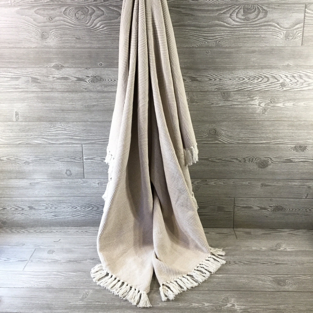 Blanket, Cotton Throw, Tan and Cream Herringbone with Fringe