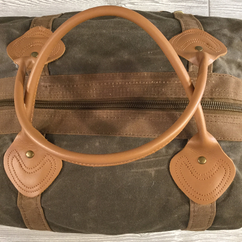 Distressed Waxed Canvas Weekender, Olive Green with Brown Trim and Tan Leather Handles
