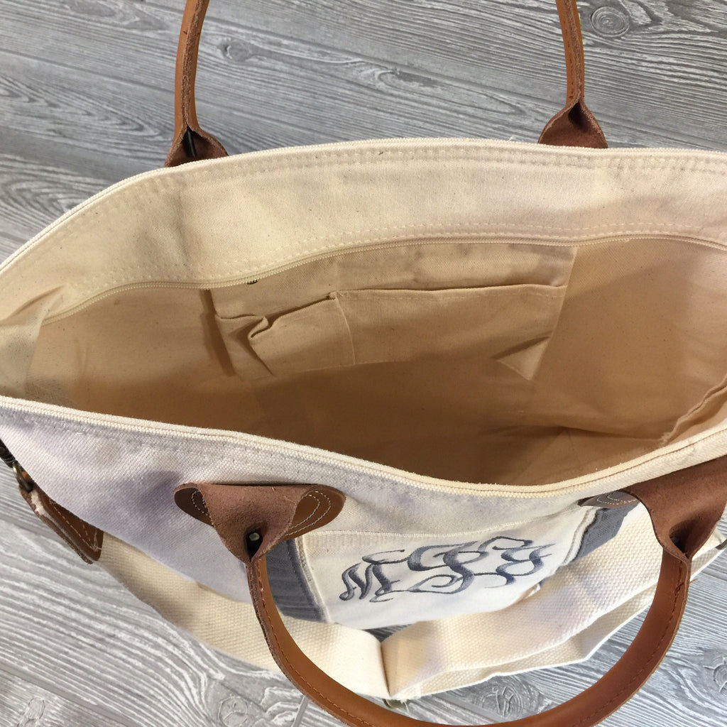 Canvas Tote, Flight Bag with Zippered Top with Leather Handles, 3 Trim Colors