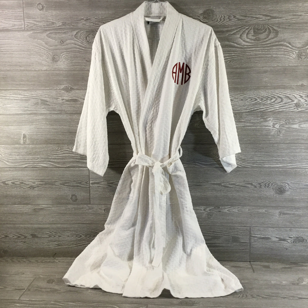 Robe, Long Kimono Style Sea Shell Pattern, White Polyester and Cotton