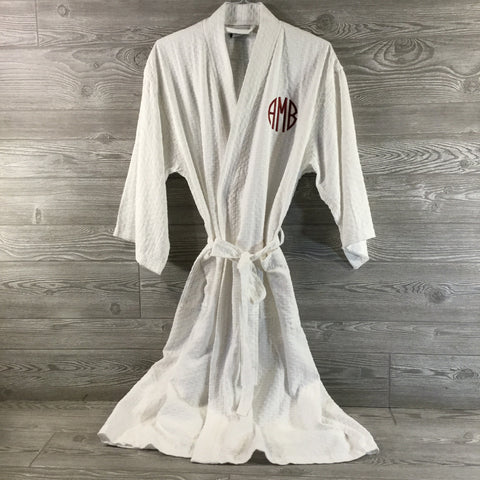 Robe, Long Kimono Style Sea Shell Pattern, White Polyester and Cotton
