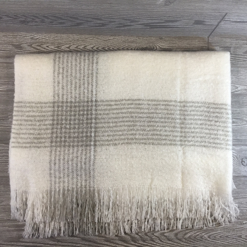 Blanket, Mohair Throw, Cream with Gray Striped Border