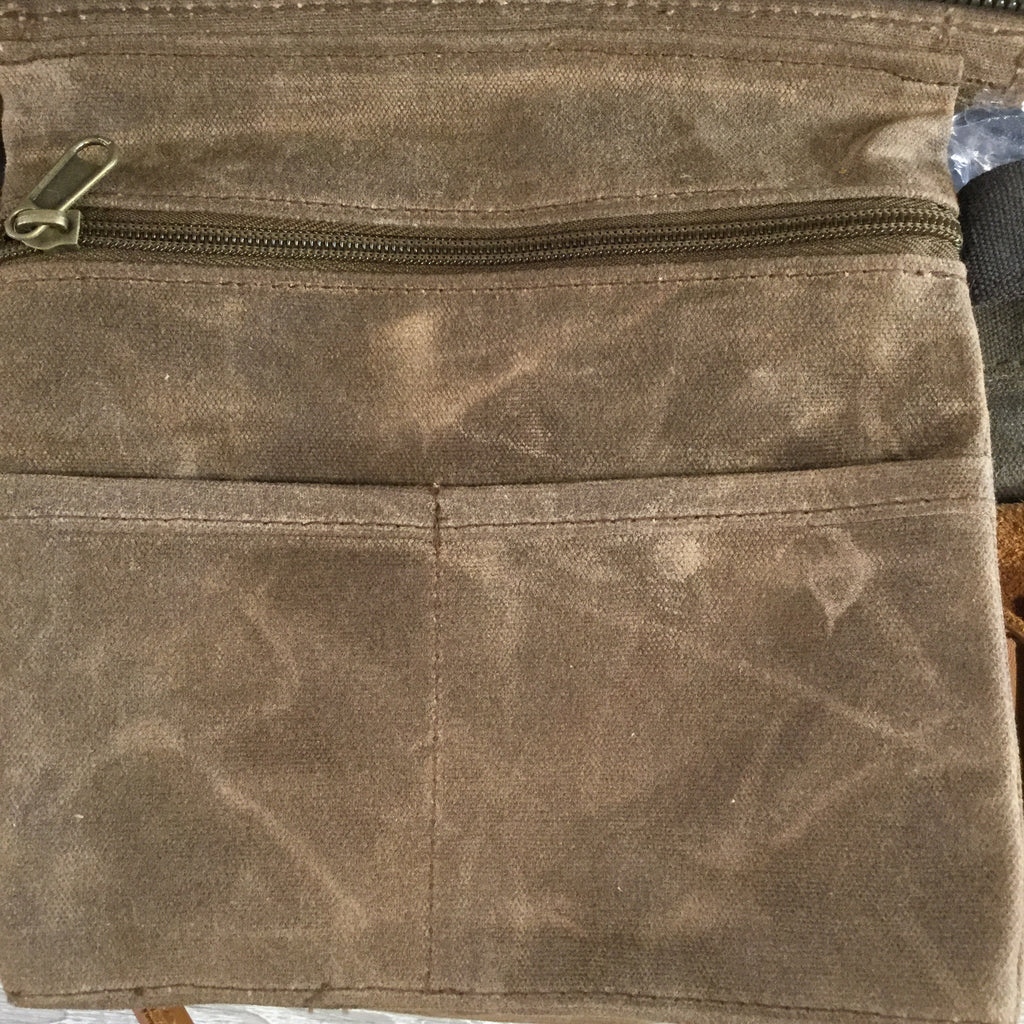 Distressed Waxed Canvas Weekender, Brown with Olive Green Trim and Tan Leather Handles