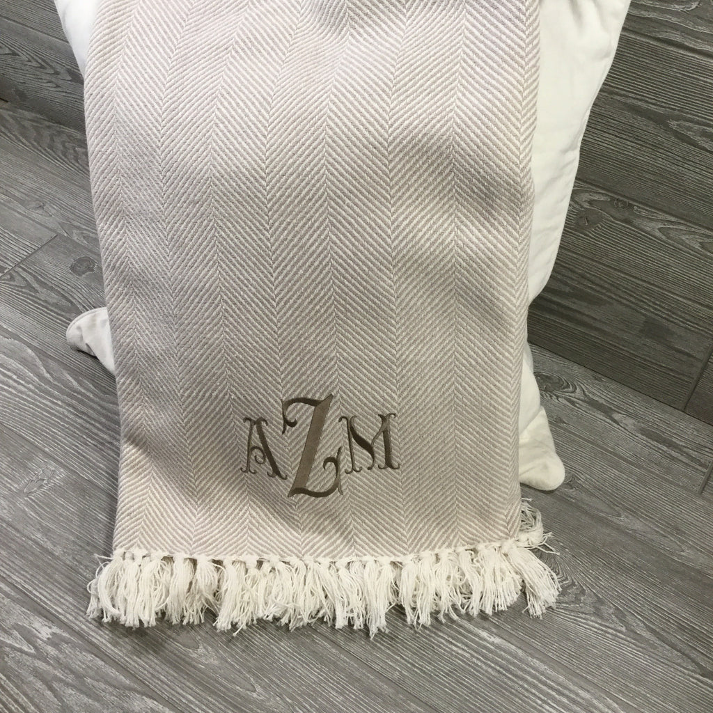 Blanket, Cotton Throw, Tan and Cream Herringbone with Fringe