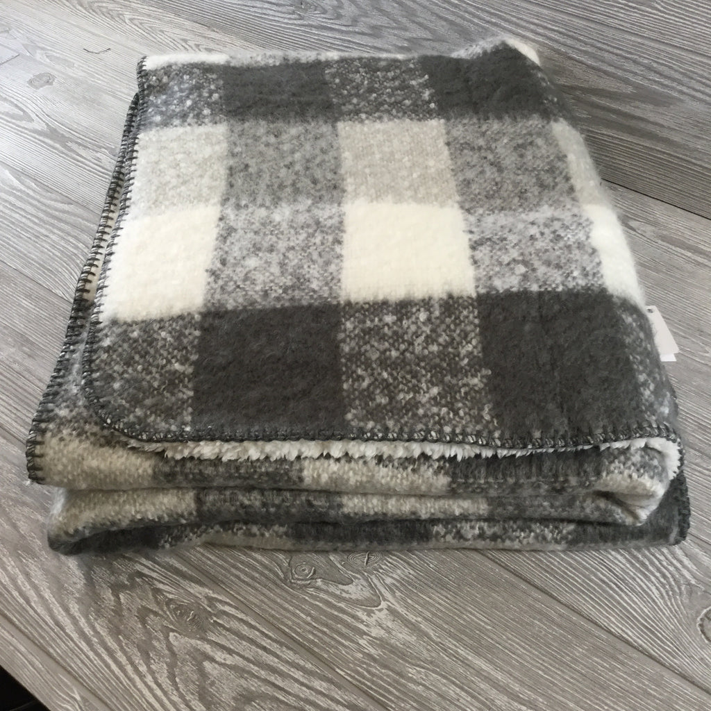 Blanket, Plaid Mohair Throw with Sherpa Lining, Gray and Cream Plaid