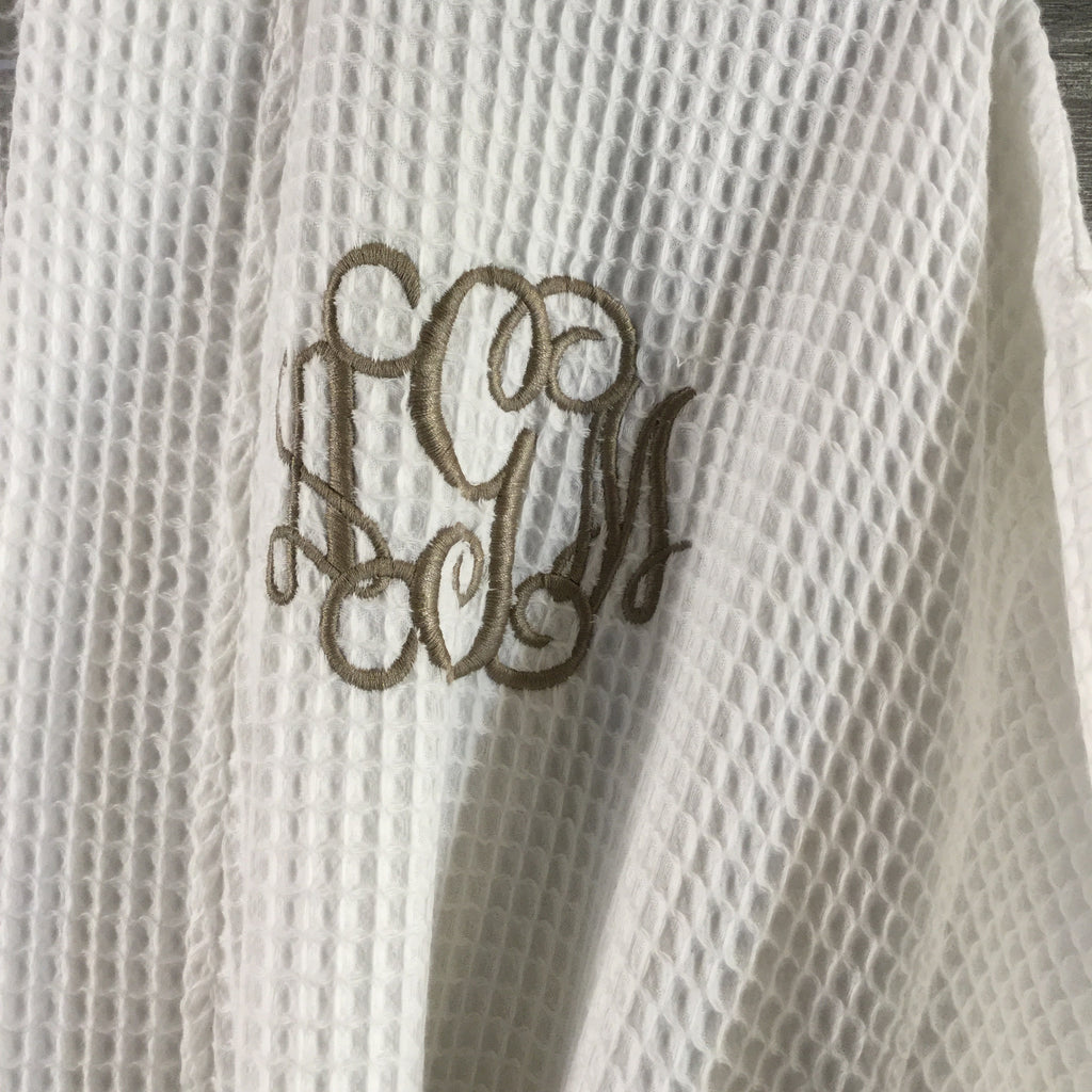 Robe, Short Kimono Style Waffle Texture, White Polyester and Cotton