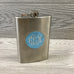 Engraved Stainless Steel Silver Flask with Black Or Aqua Blue Medallion & Funnel