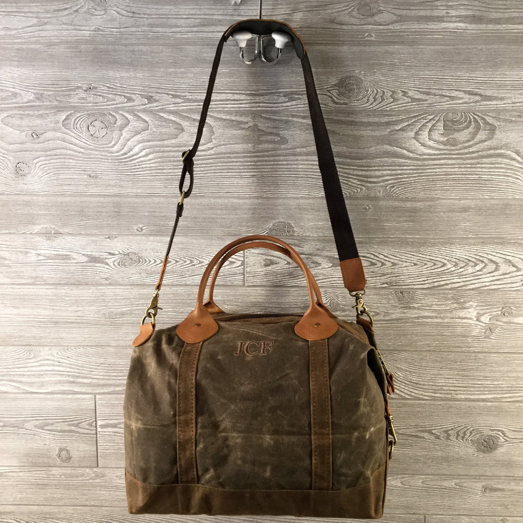 Distressed Waxed Canvas Weekender, Olive Green with Brown Trim and Tan Leather Handles