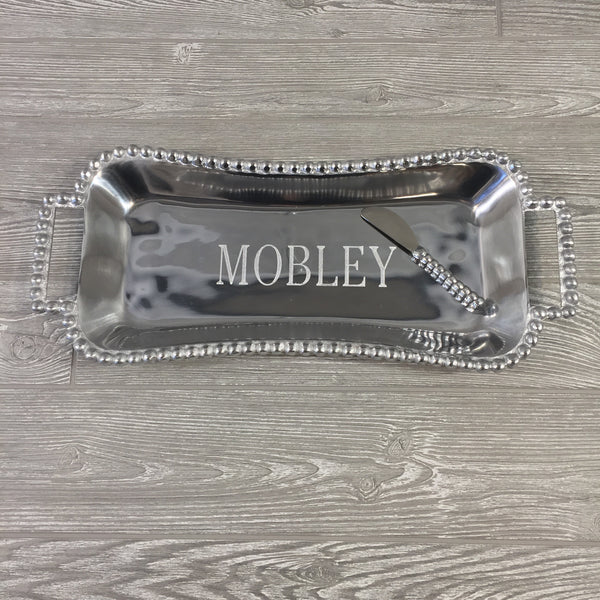 Beaded Silver Bread Tray with Handles and Spreader