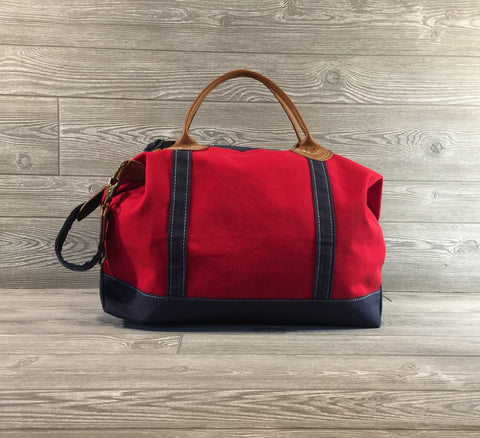 Weekender Red Canvas Bag, Navy Trim and Leather Handles