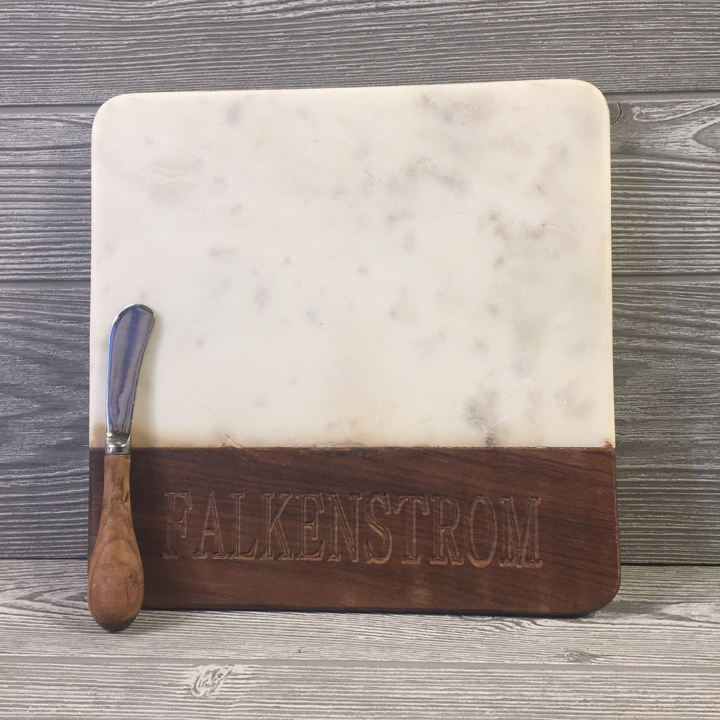 Marble and Wood Cheeseboard Engraved With Spreader