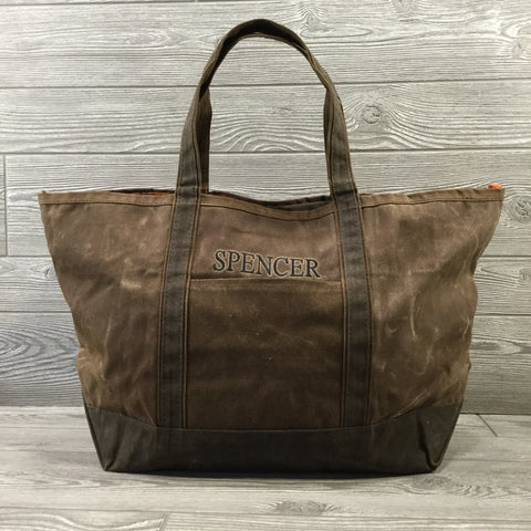Distressed Waxed Canvas Boat Tote, Brown with Olive Trim