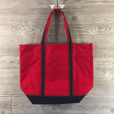 Boat Tote, Canvas with Zippered Top, Red with Navy Trim