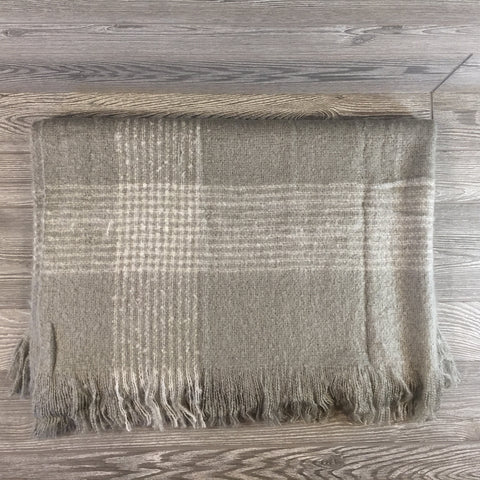 Blanket, Mohair Throw, Gray With Cream Striped Border